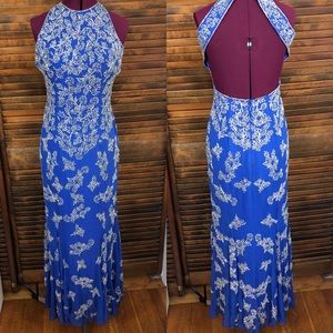 Beaded Blue Silk Pageant/Prom Gown